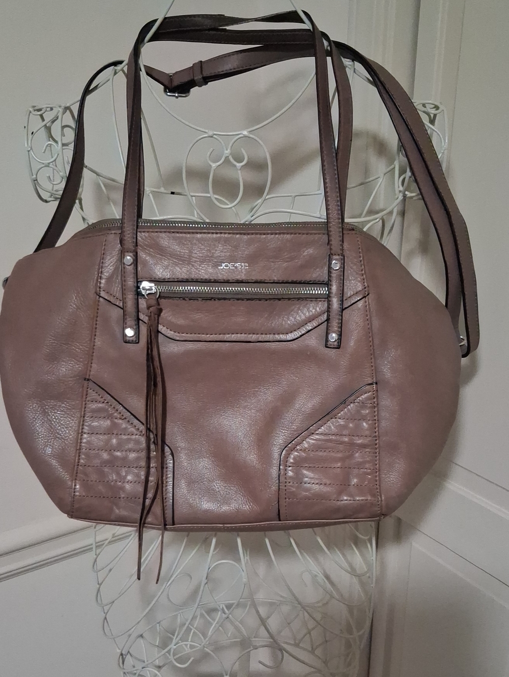Joeylynn Taupe Leather Tote Bag with Crossbody Strap